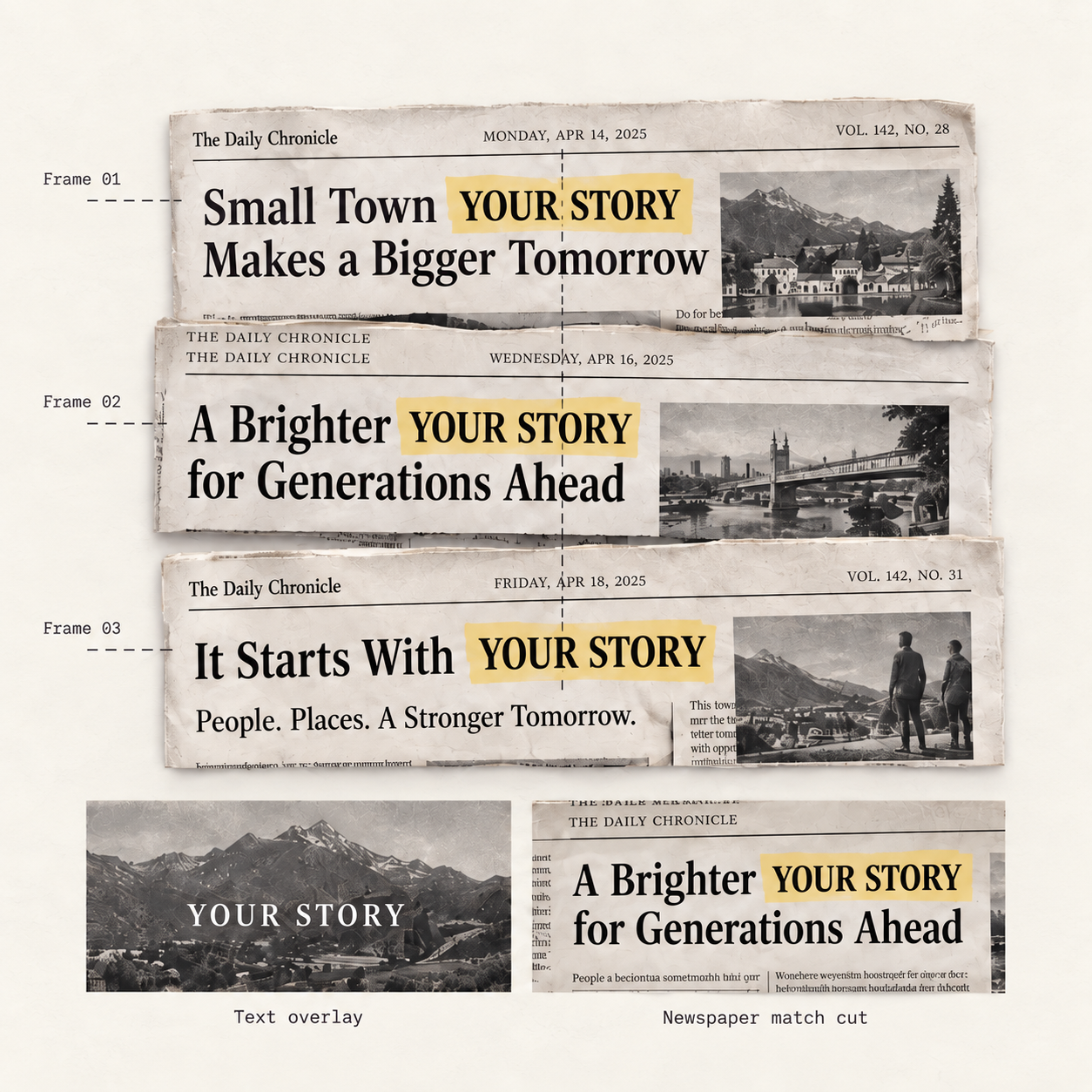 Illustration of YOUR STORY highlighted across three newspaper frames, with a text overlay comparison below