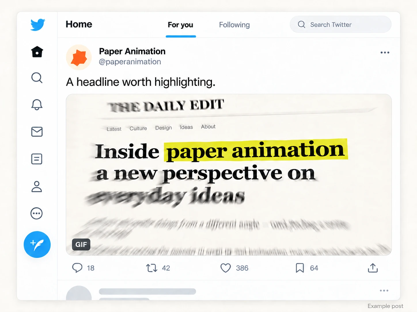 Headline Match Cut animation in an illustrative Twitter GIF post from Paper Animation
